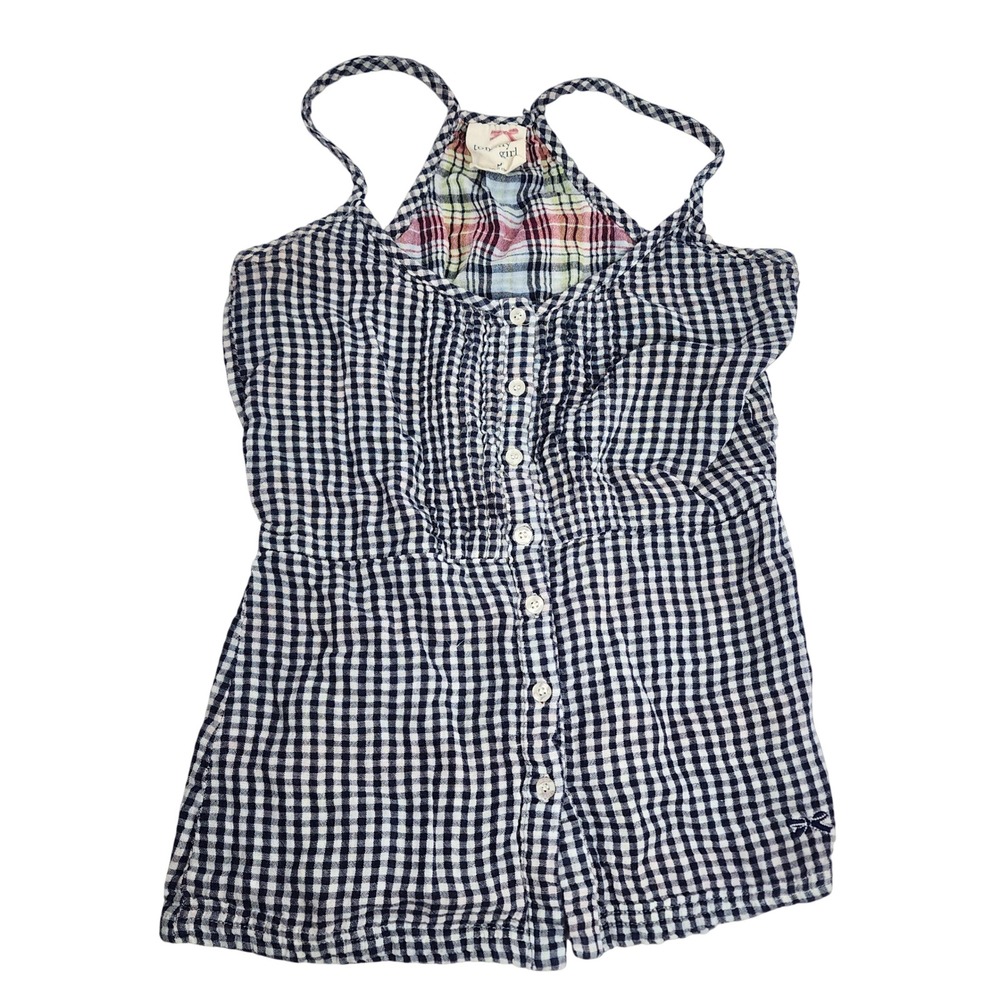 Tommy Girl Tank Top Girls Medium Blue Gingham Plaid Button Front Halter Cami